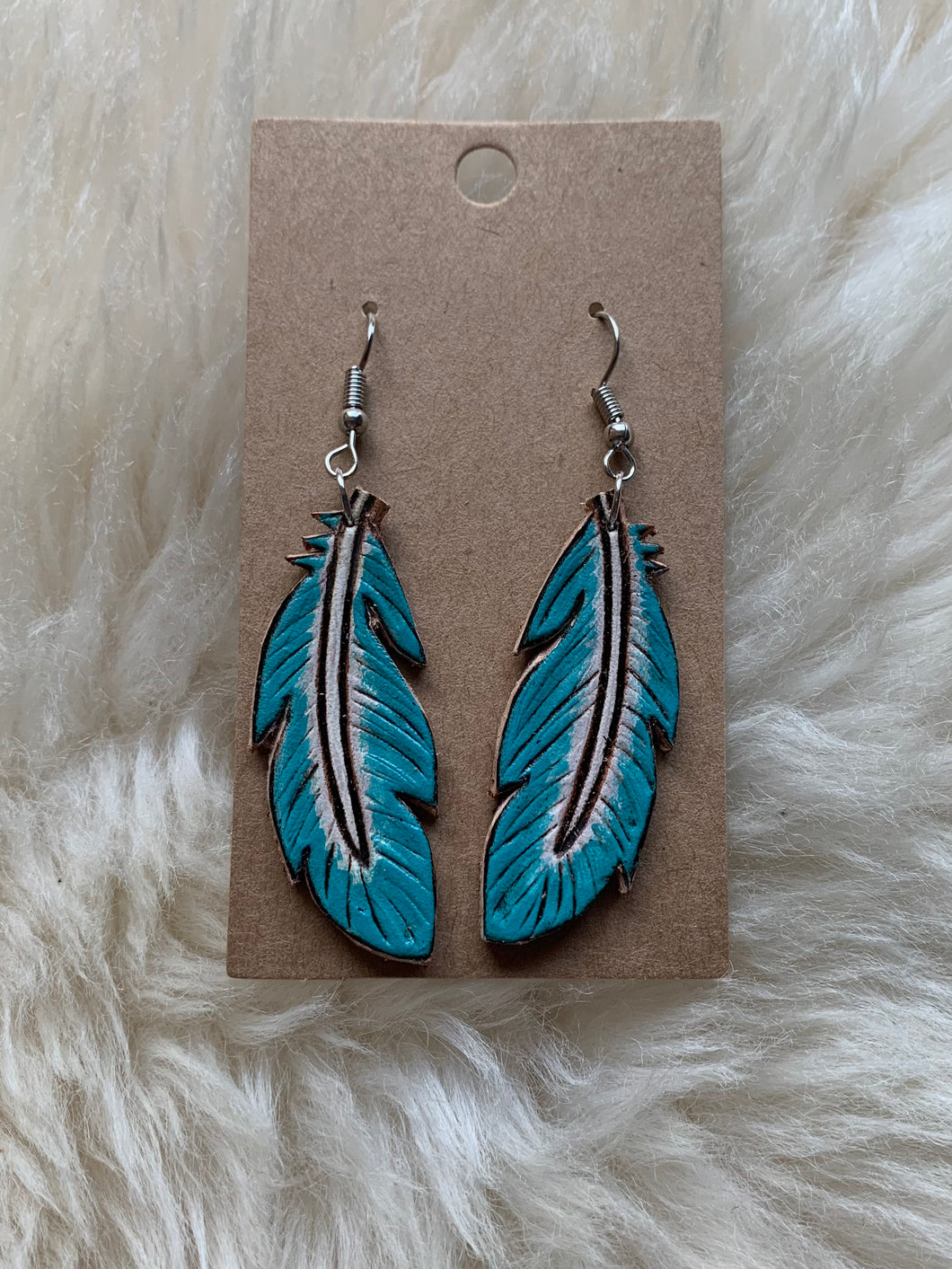 Turquoise Tooled Feather Earrings